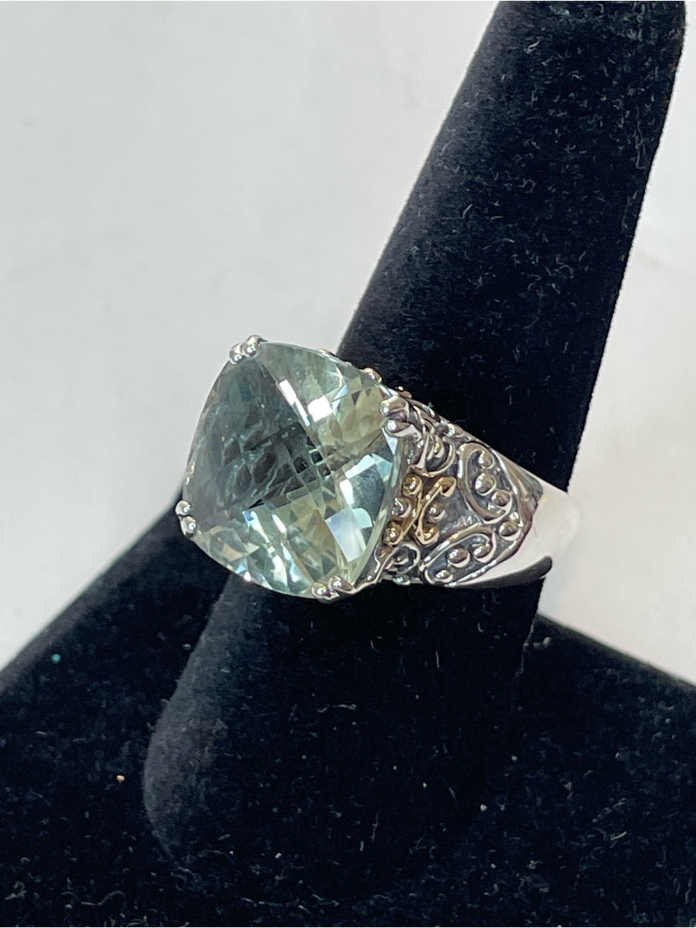 Sterling Silver 14K Green Prasiolite Gemstone Checkerboard Cut Ring - Size 8.5
